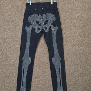 MNML Black Rhinestone Skeleton Jeans Men’s 29x34 Skinny Mid Rise Denim